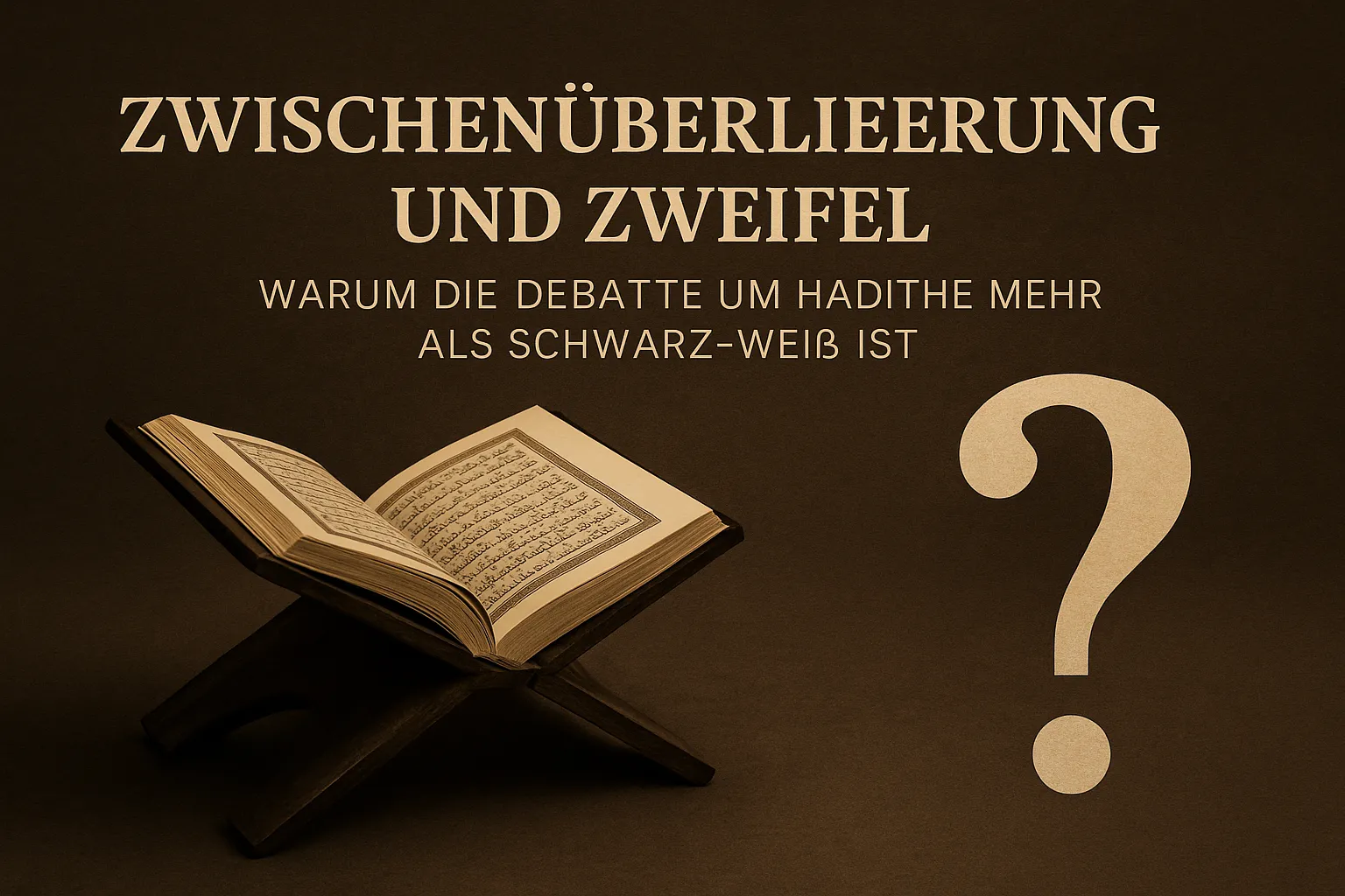 Alternativtext-Vorschlag: Offenes Koranbuch auf einem traditionellen Holzständer vor braunem Hintergrund, daneben ein großes Fragezeichen. Darüber der Titel: „Zwischen Überlieferung und Zweifel – Warum die Debatte um Hadithe mehr als Schwarz-Weiß ist“. Das Bild symbolisiert die Auseinandersetzung mit der Authentizität und Interpretation islamischer Überlieferungen.