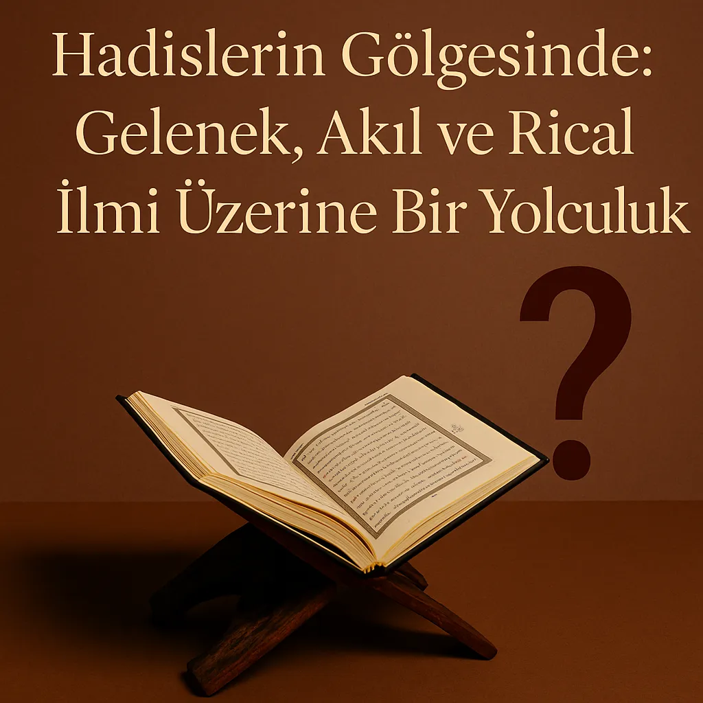 Açık bir Kur’an, geleneksel ahşap rahle üzerinde duruyor; arka planda büyük bir soru işareti ve üstte “Hadislerin Gölgesinde: Gelenek, Akıl ve Rical İlmi Üzerine Bir Yolculuk” başlığı yer alıyor. Görsel, hadislerin doğruluğu ve İslam geleneğinde sorgulama temasını simgeliyor.