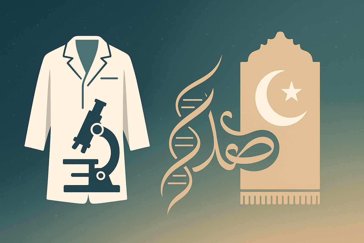 Links Laborkittel mit Mikroskop, rechts Gebetsteppich mit Halbmond; dazwischen DNA-Helix verschmilzt mit arabischer Kalligraphie – Brücke zwischen Evolution und Offenbarung.