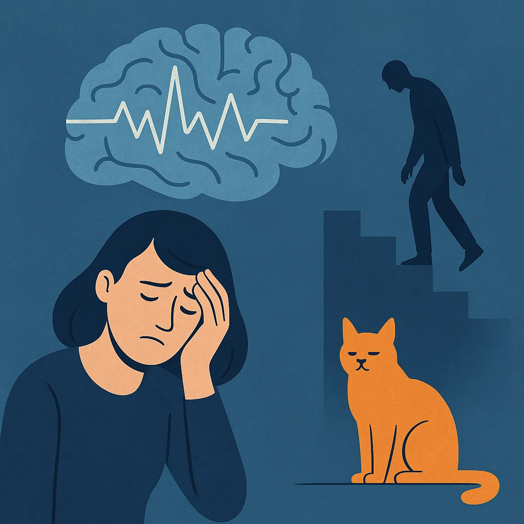 Illustration in Blautönen: Eine erschöpft wirkende Frau hält den Kopf, über ihr ein gestörtes Hirnsignal, im Hintergrund ein gebeugter Mann auf einer Treppe und eine orangefarbene Katze – symbolisch für Depression als Hirnerkrankung und den Verlust von Halt und Liebesobjekten.