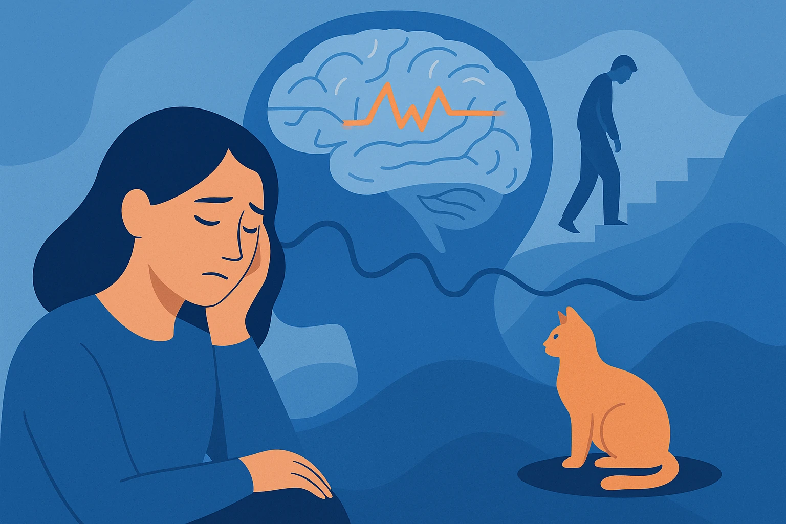 Düz mavi tonlarda bir illüstrasyon: Yorgun ve üzgün görünen bir kadın başını eline dayamış oturuyor; arka planda, bozulmuş sinyal çizgisiyle stilize bir beyin ve merdivenleri ağır adımlarla çıkan bir erkek silueti görülüyor, sağ tarafta ise turuncu bir kedi oturuyor. Görsel, depresyonun bir beyin hastalığı olduğunu ve sevgi nesnesi olarak hayvan kaybının ruh hâlini nasıl etkilediğini simgeliyor.