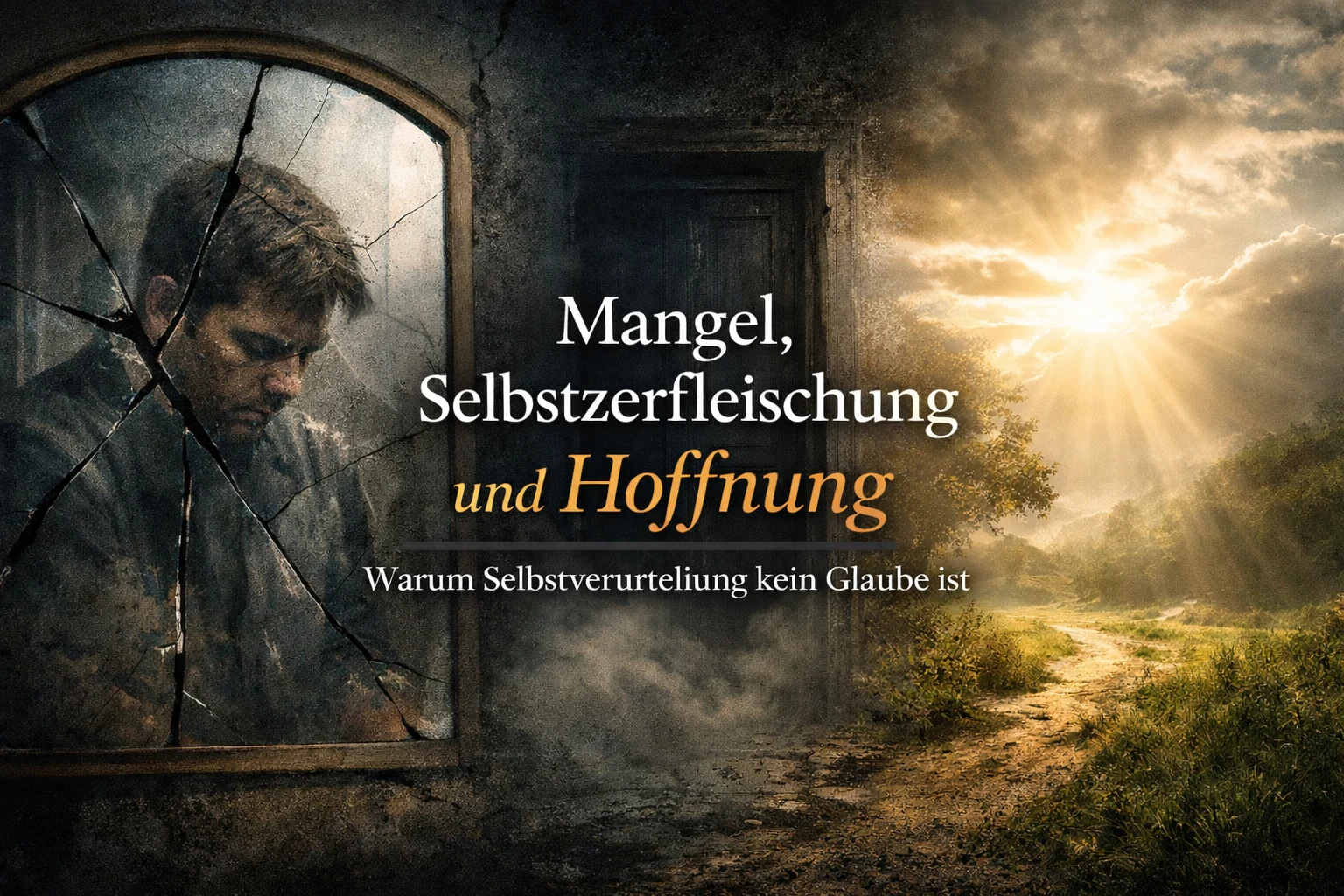 Düsteres Spiegelbild eines nachdenklichen Mannes neben einer nebligen Tür; rechts ein sonniger Weg in eine helle Landschaft – Symbol für Selbstkritik, Selbstverurteilung und Hoffnung im Glauben.