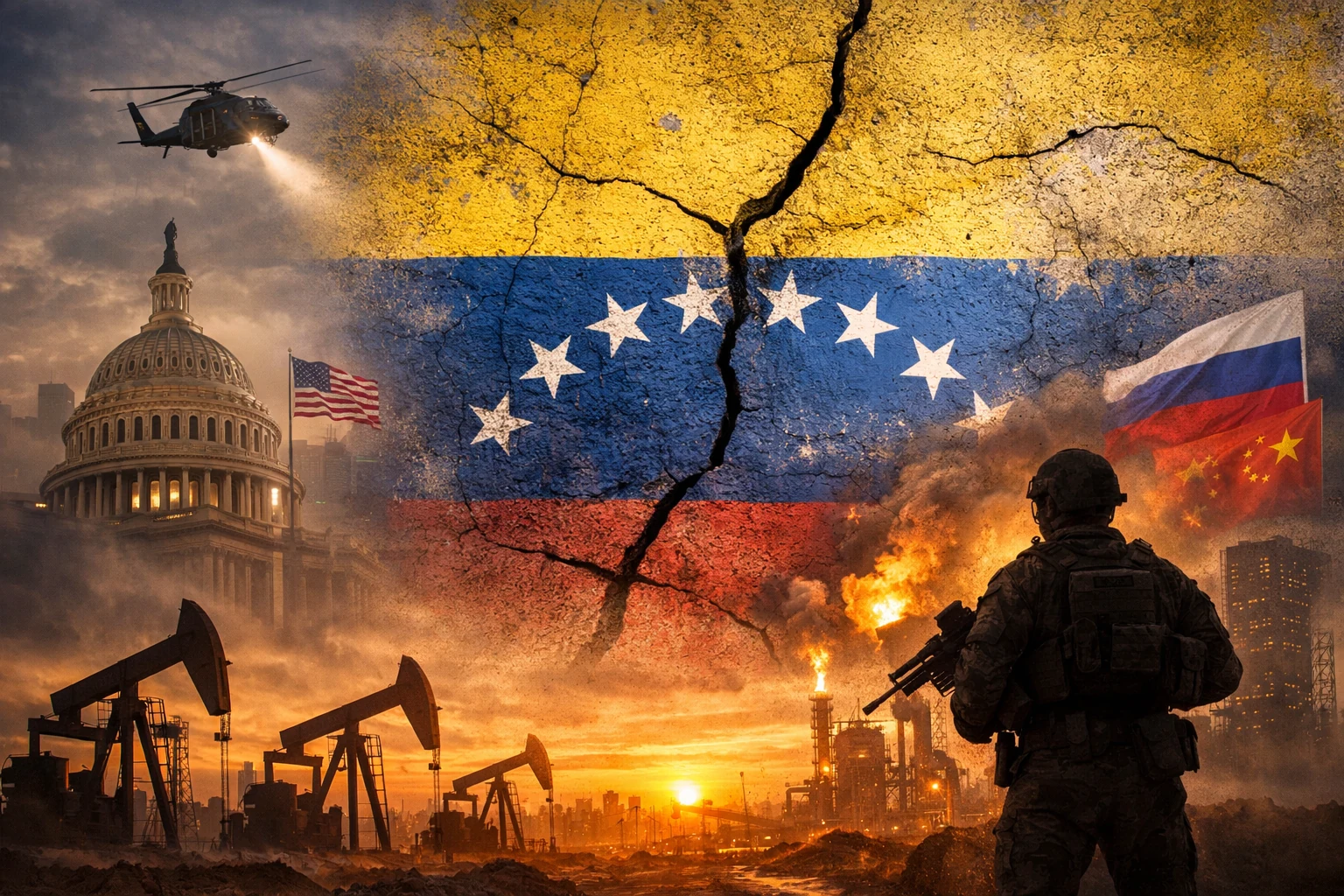 Symbolisches Titelbild zu Venezuela: venezolanische Flagge mit Rissen über einer Öl-Infrastruktur, als Hinweis auf Energiepolitik, geopolitische Spannungen und internationale Machtkonflikte.