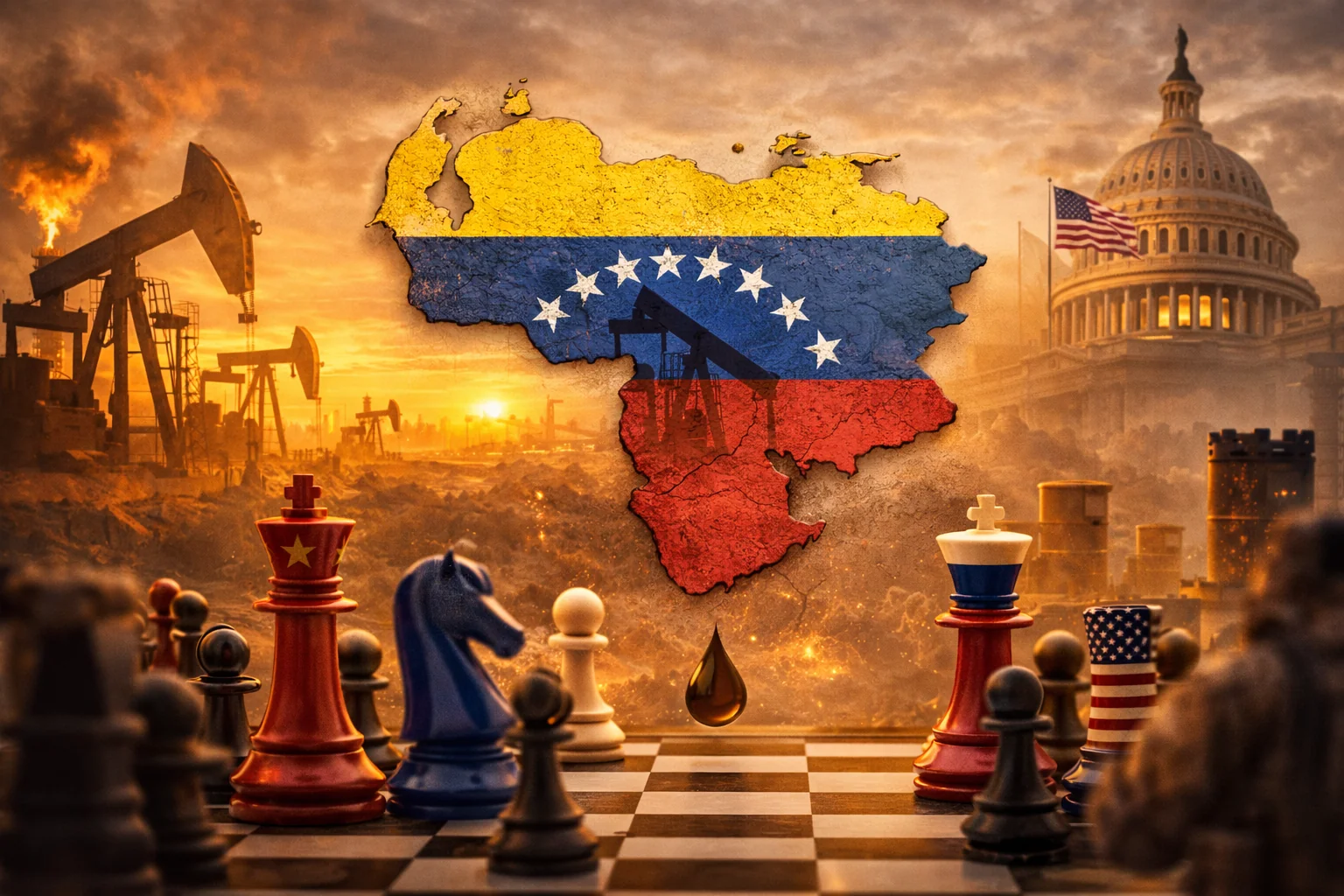 Petrol sahaları ve bir satranç tahtası üzerinde, Venezuela bayrağı renklerinde stilize edilmiş Venezuela haritası — enerji politikası, diplomasi ve jeopolitik güç oyunlarını simgeler.