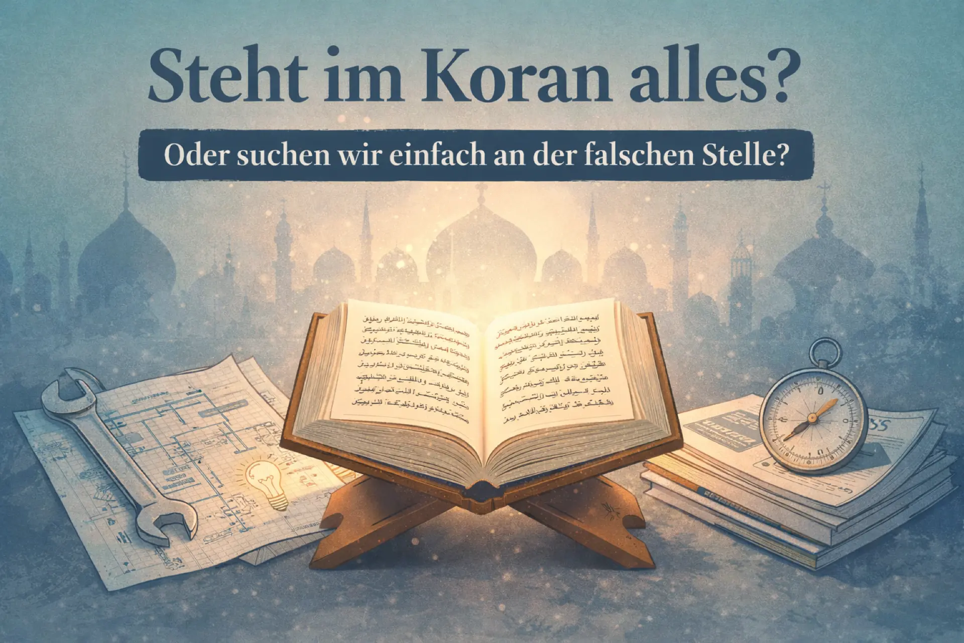 Steht im Koran alles? Das Beitragsbild zeigt einen offenen Koran zwischen Werkzeug, Bauplan und Kompass und verweist auf die Frage, ob Offenbarung Anleitung oder Orientierung ist.